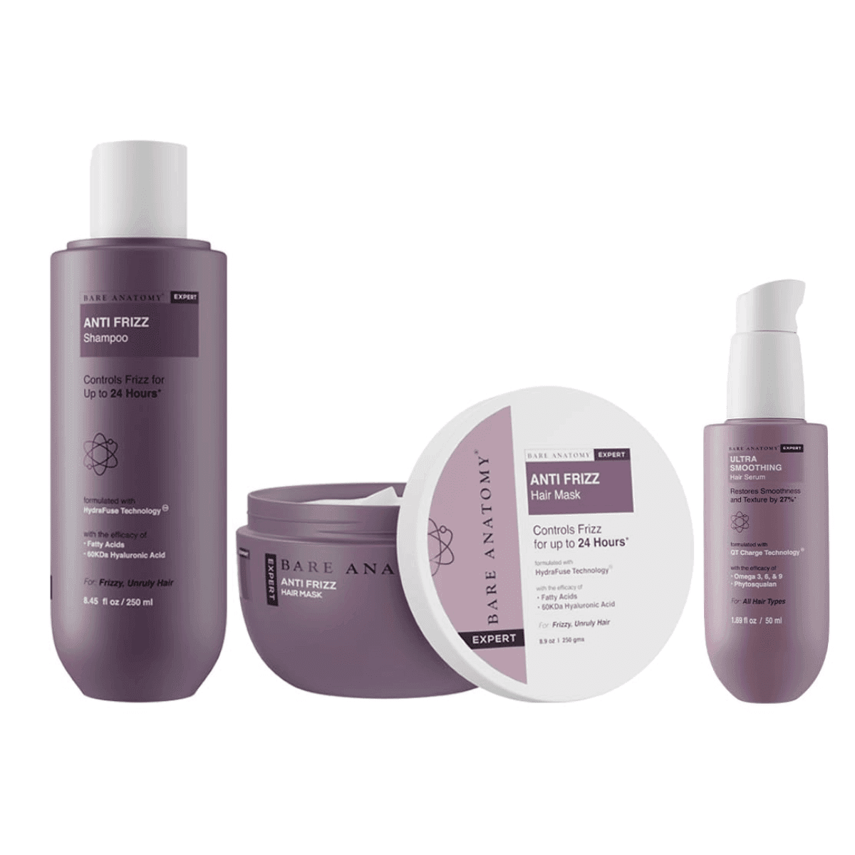 Bare Anatomy Anti Frizz Shampoo + Hair Mask + Ultra Smoothing Hair Serum Kit For Women & Men