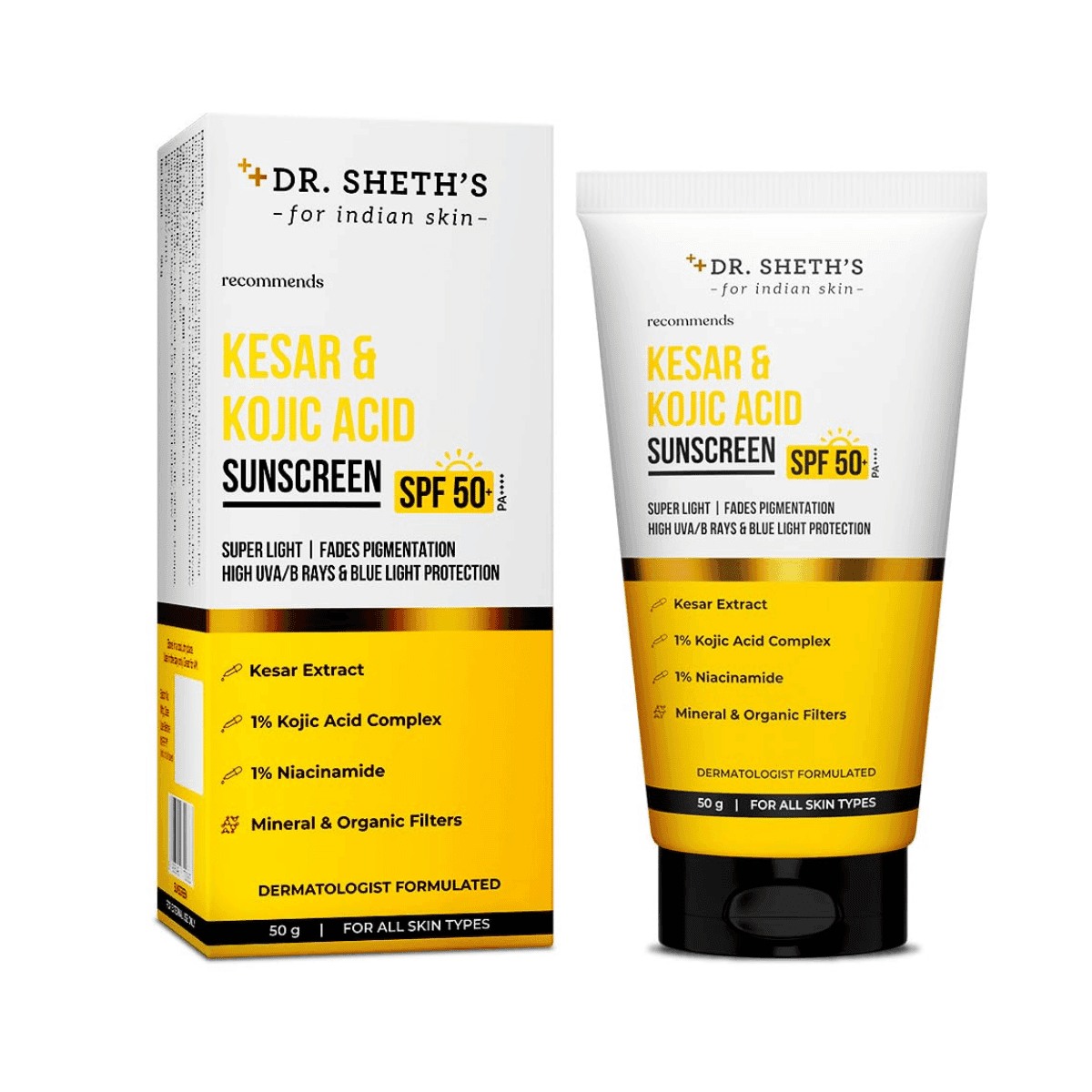 Dr. Sheth's Kesar & Kojic Acid Sunscreen SPF 50+ PA++++ for Oily-acne prone skin