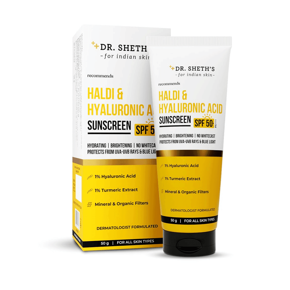 Dr. Sheth's Haldi & 1% Hyaluronic Acid Oil-Free Sunscreen SPF 50+ PA++++ For All Skin Types - 50g