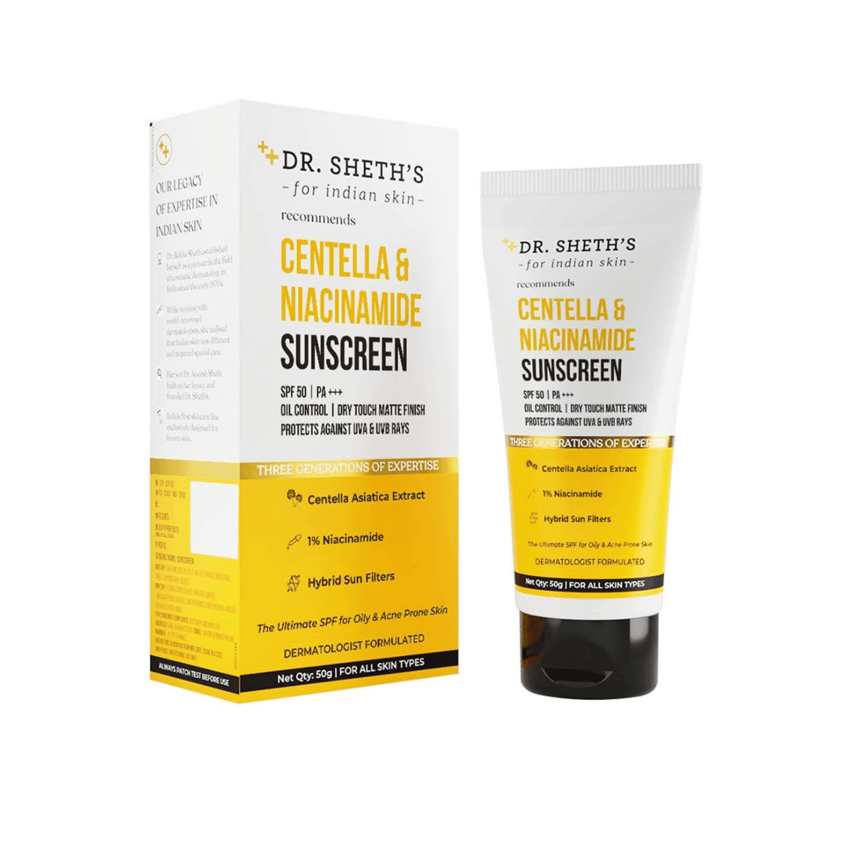 Dr. Sheth's Centella & Niacinamide Oil-Free Matte Sunscreen SPF 50 PA+++, for Oily & Acne-Prone Skin