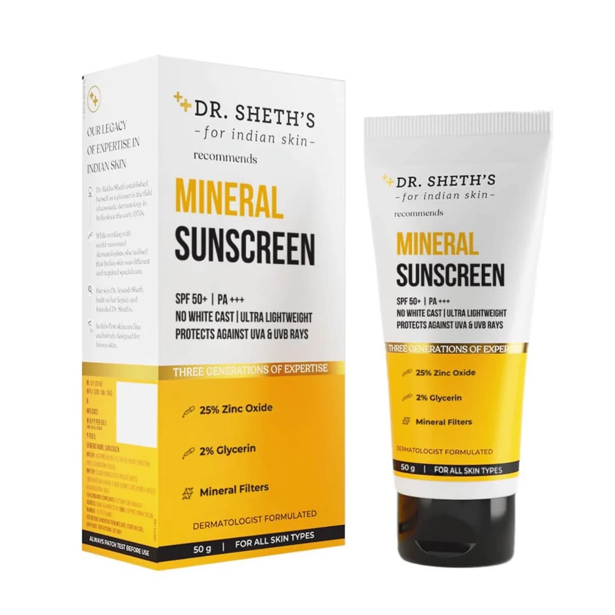 Dr. Sheth's Mineral Sunscreen SPF 50 PA+++ | Water Proof Sunscreen - for Women & Men -50g
