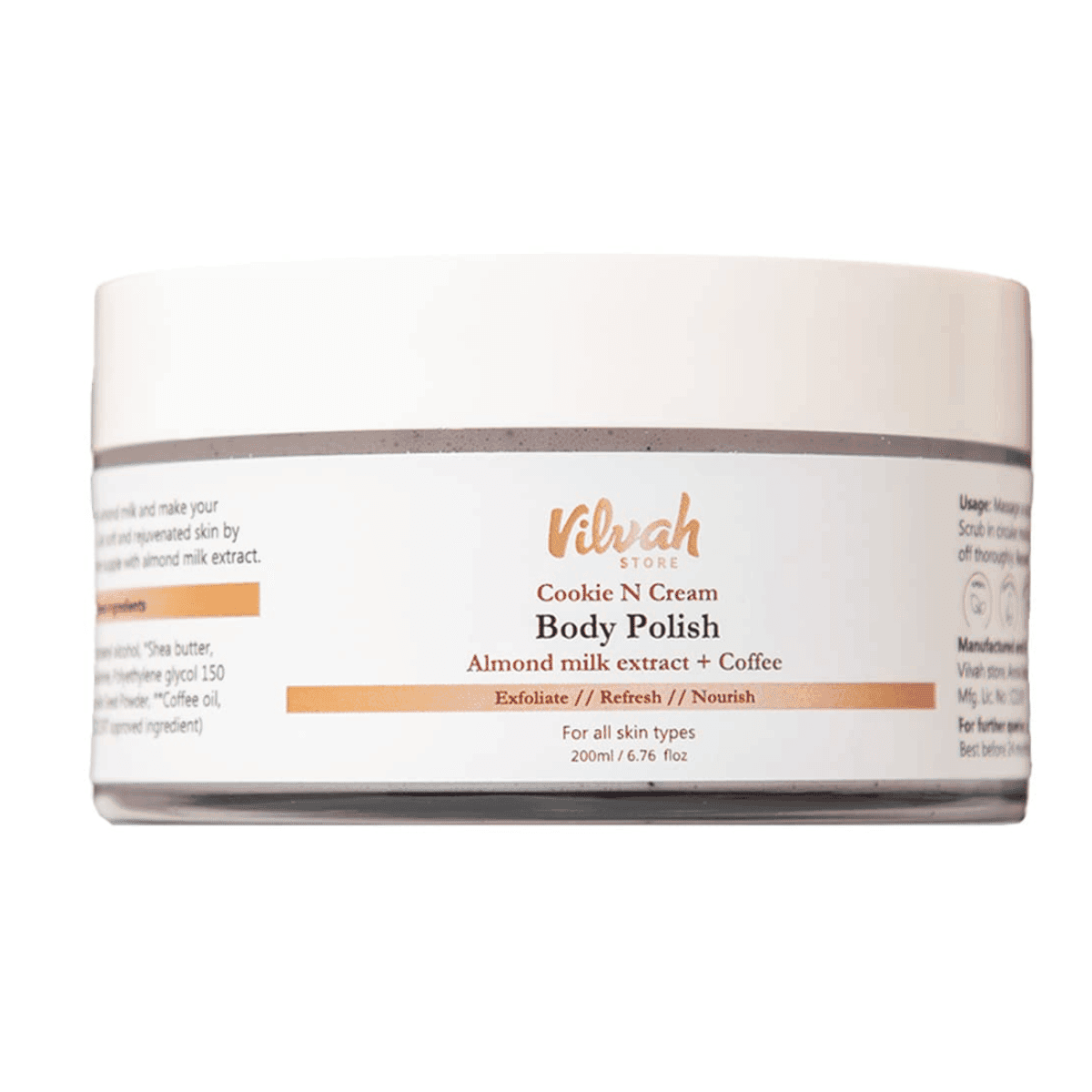 Vilvah Cookie N Cream Body Polish | Coffee Body Scrub for Tan Removal & Dead Skin - 200ml
