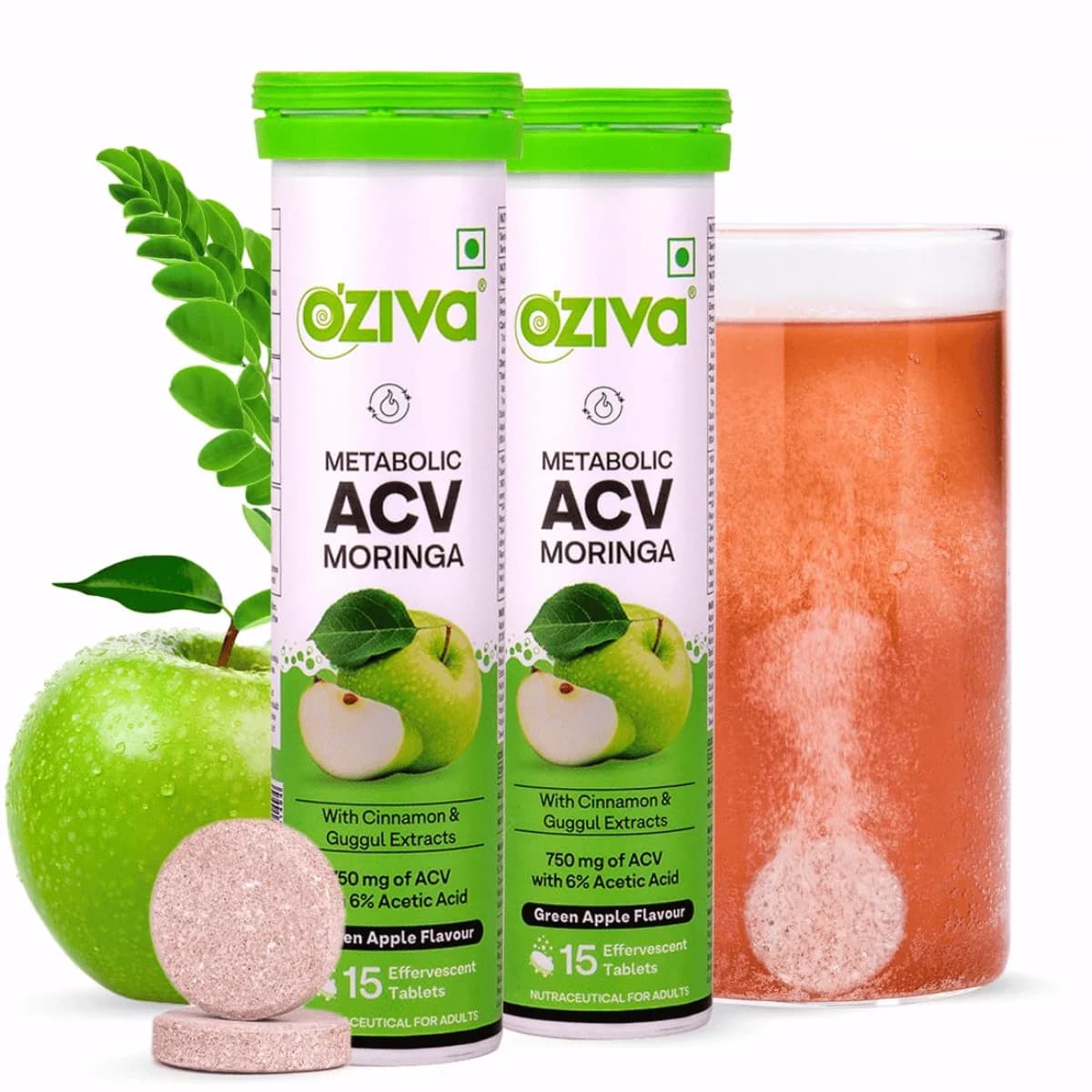OZiva ACV Moringa Apple Cider Vinegar Tablets, Green Apple