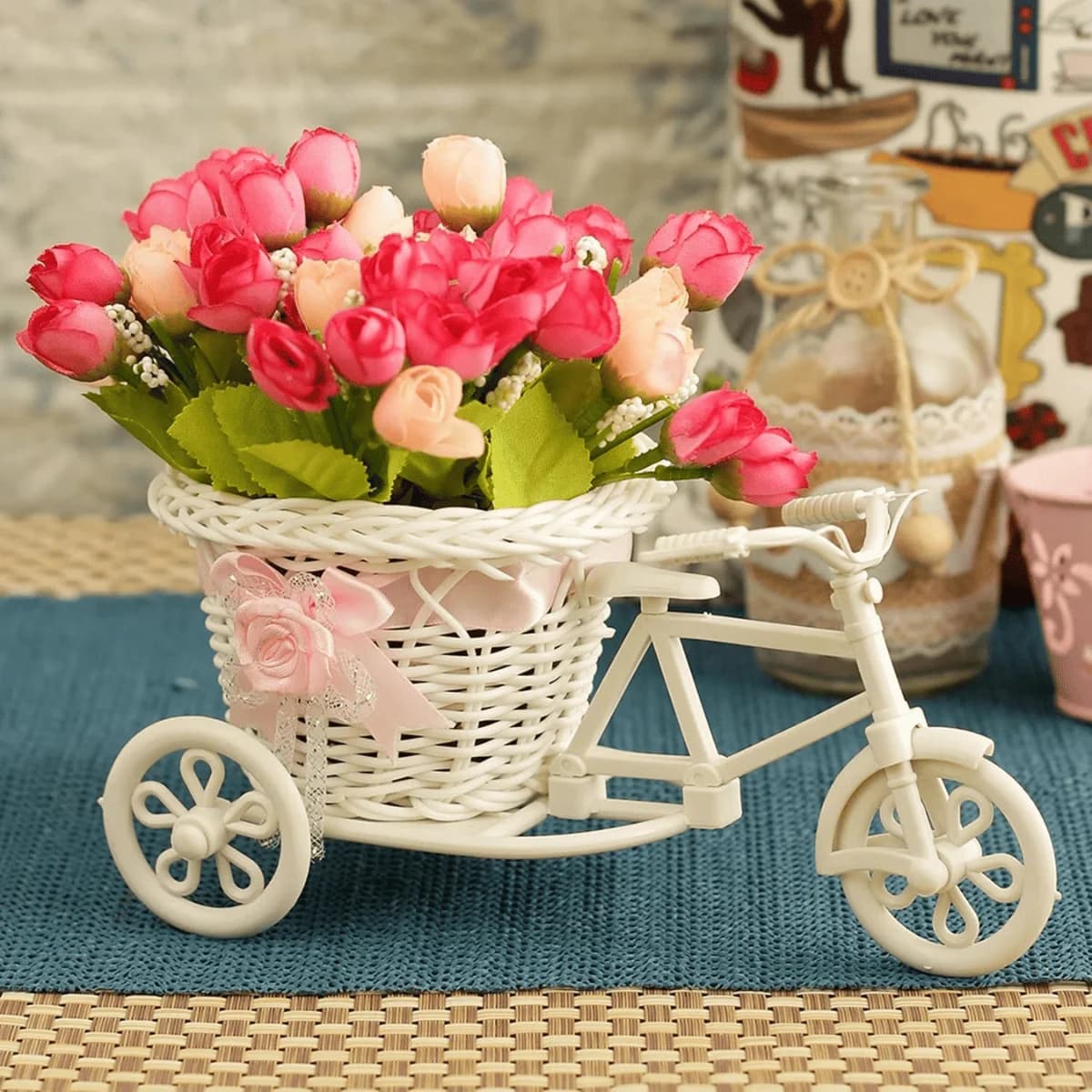 TIED RIBBONS Cycle Shape Flower Vase with Peonies Bunches Gift for Mom, Birthday Gift for Mom Home Decor (19 cm x 21 cm)