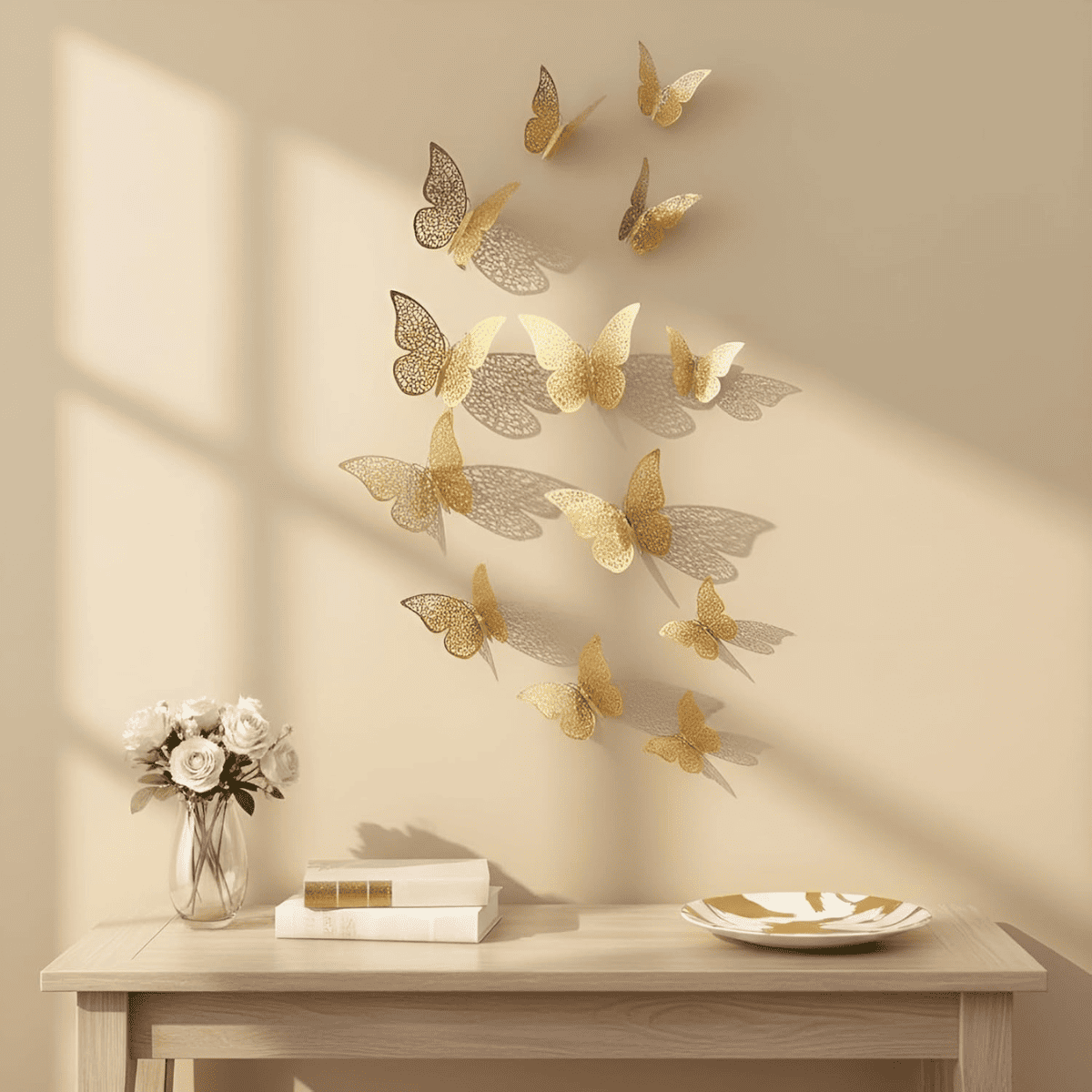 Home Decor Butterfly with Sticking Pad 12pcs 3D (Shimmer Golden, Set of 12)
