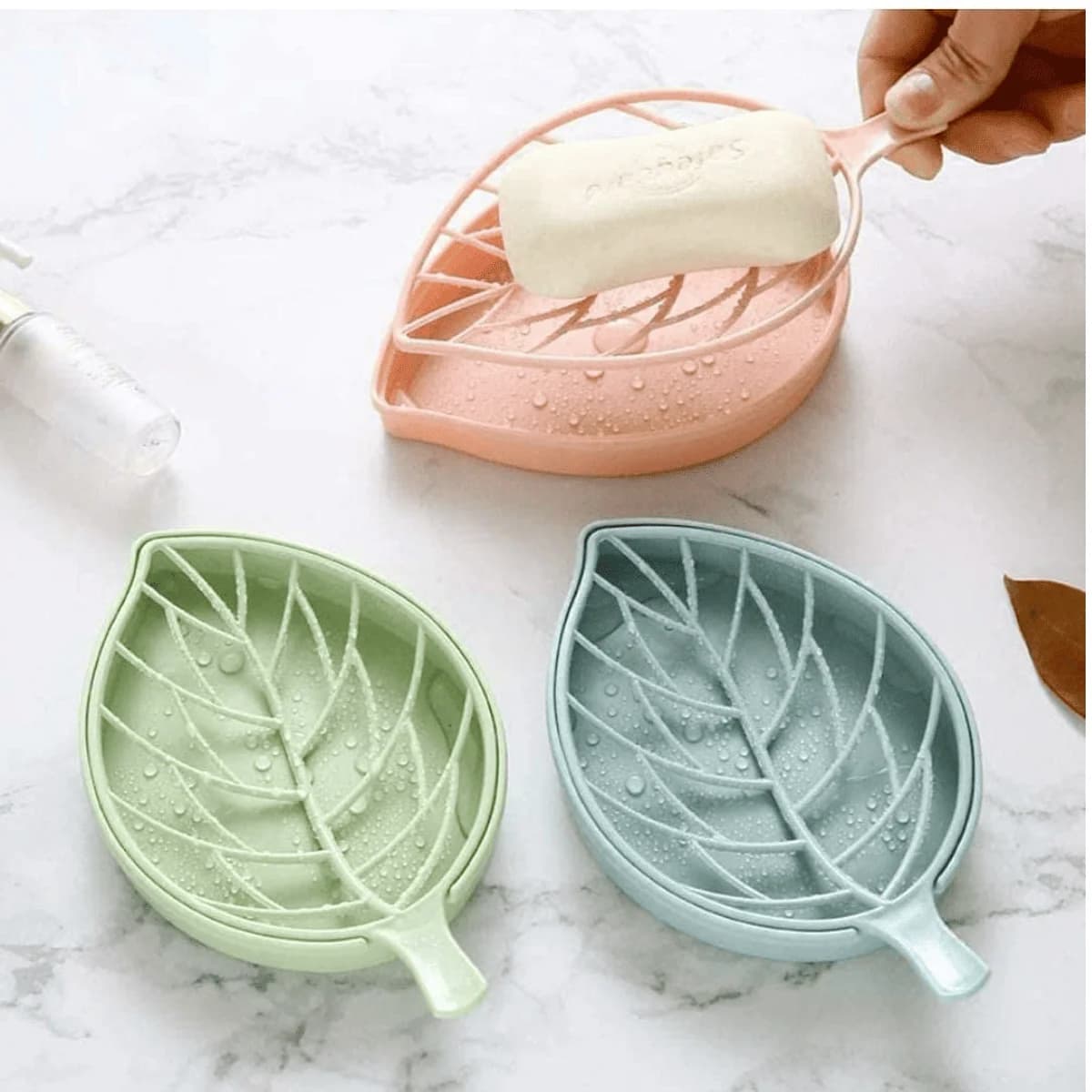 Beautiful Leaf Shape Double Layer Soap Dish Case Holder Bathroom Accessories (Soap Dish - Set of 3) (Pink, Blue, Green)