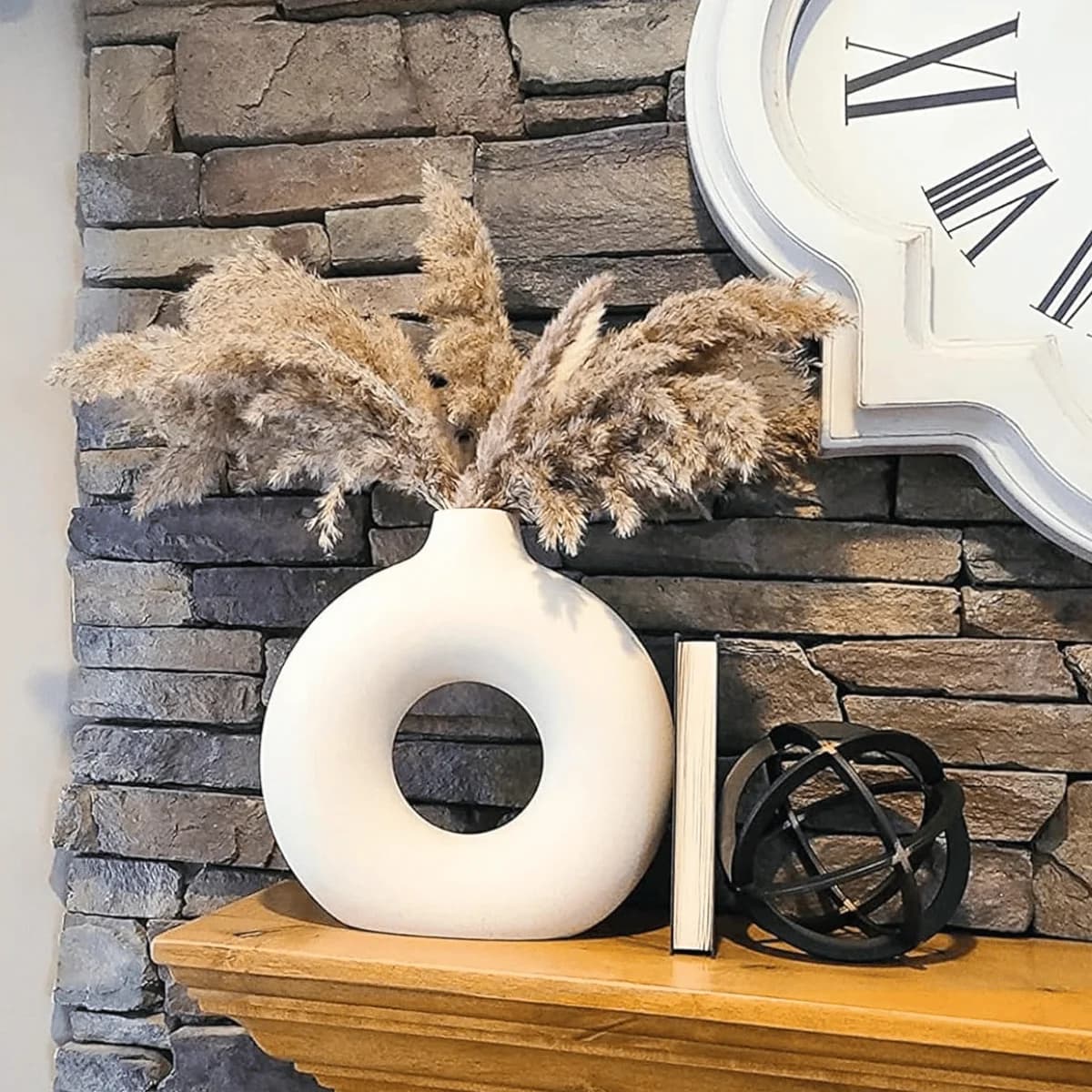 White Ceramic Donut Vase for Pampas Grass, Dried Flowers, Home & Office Decor ( 6 Inch )
