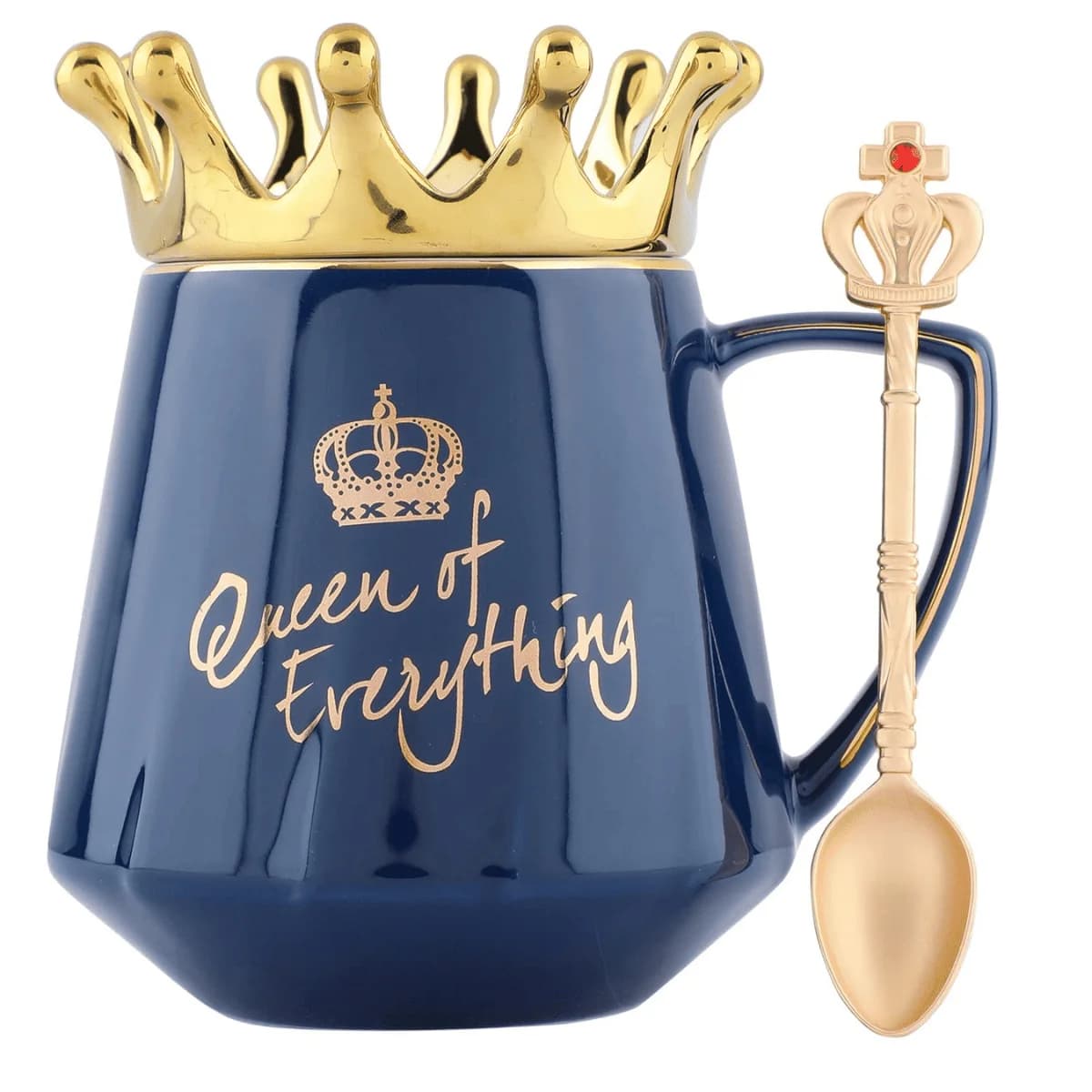 Coffee Mug, Birthday Gifts for Women Mugs for Present, Queen of Everything Mug with Golden Crown & Spoon (350ml-Blue)