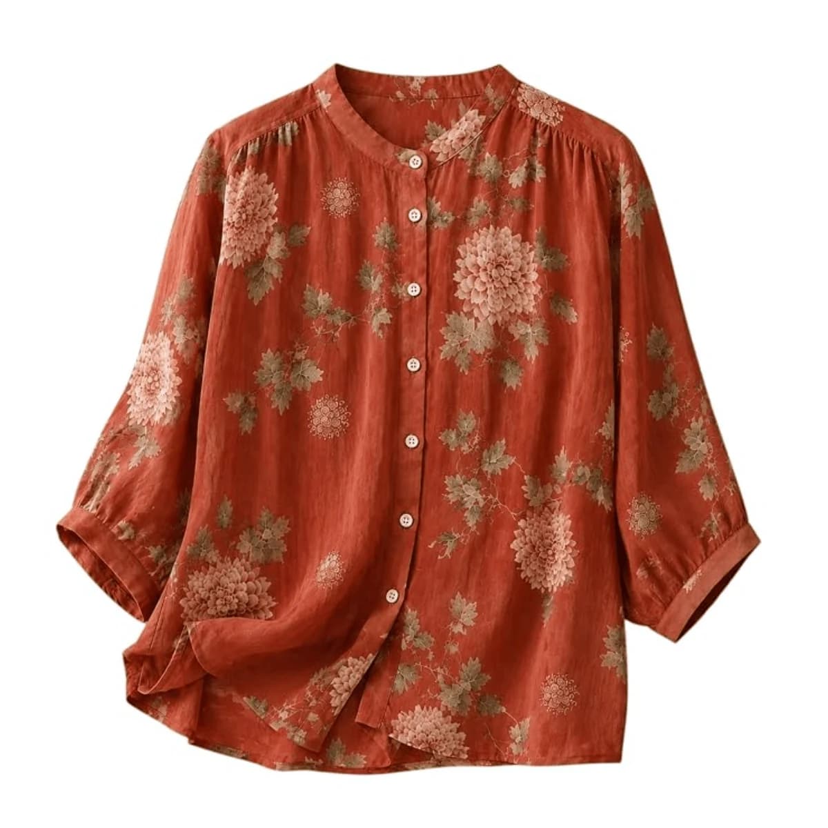 Women’s Light Rose Floral Printed Button Down Shirt with Mandarin Collar and Relaxed Fit 3/4 Sleeves