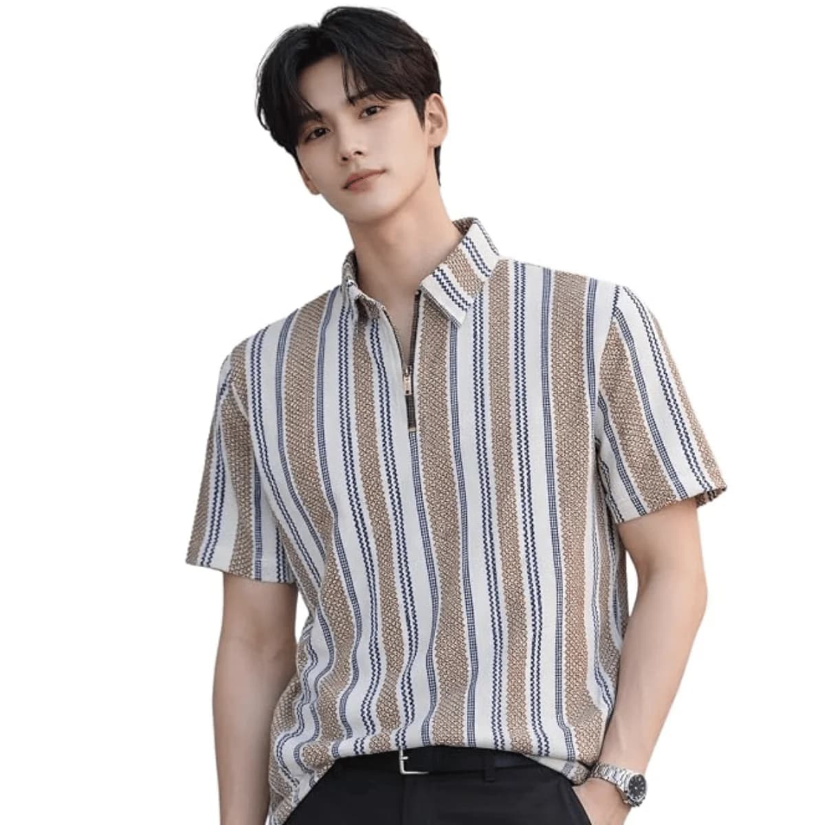 Men’s Loose Fit Half Sleeve Vertical Striped Polo T-Shirt with Zip Collar