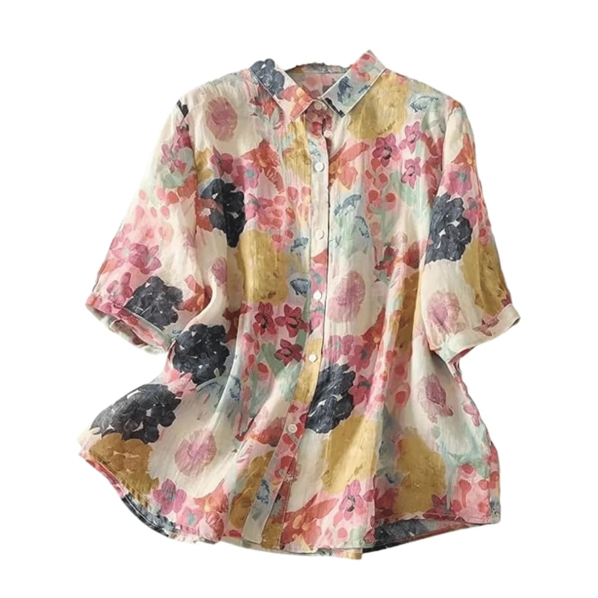 Women’s Casual Button-Down Shirt with Multicolor Floral Print & Half Sleeves, Collar Neck