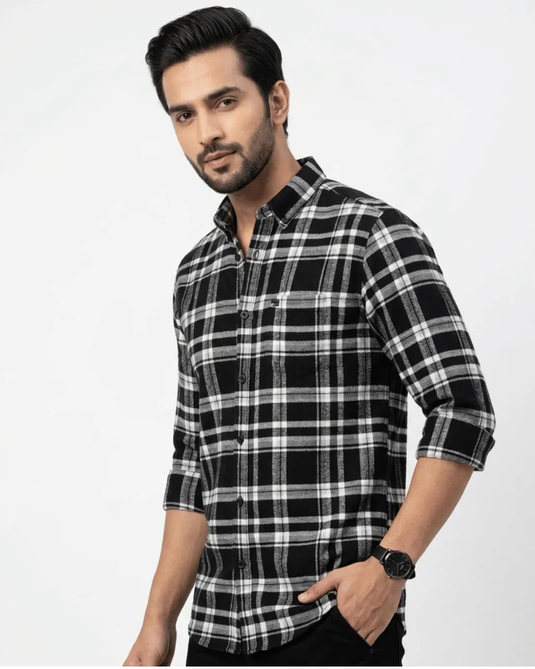 Men Slim Fit Checkered Button Down Collar Casual Shirt
