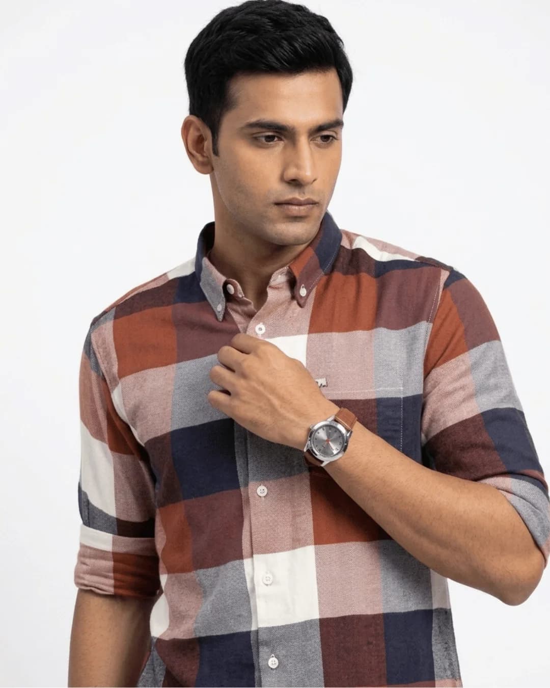 Men Slim Fit Checkered Button Down Collar Casual Shirt